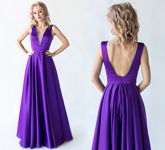 Satin Backless Dress With Built-in Bra and Deep V-neck / Purple
