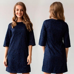 SALE 50% Navy blue mini dress, short lace dress, cocktail dress, formal dress, dress with sleeves, minimalist dress