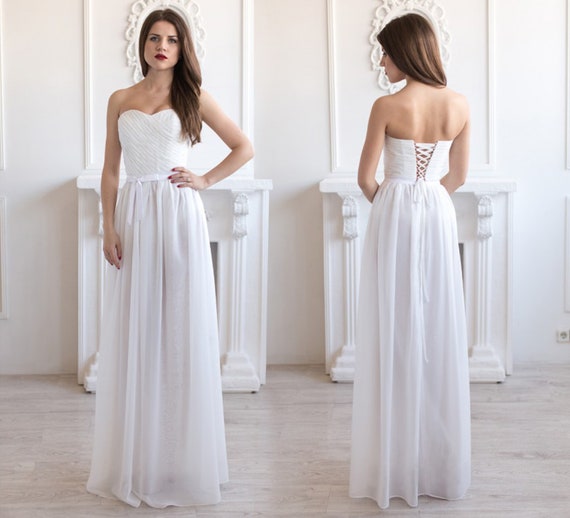 Ivory Chiffon Strapless Wedding Dress: Corset Modest Bridal Gown