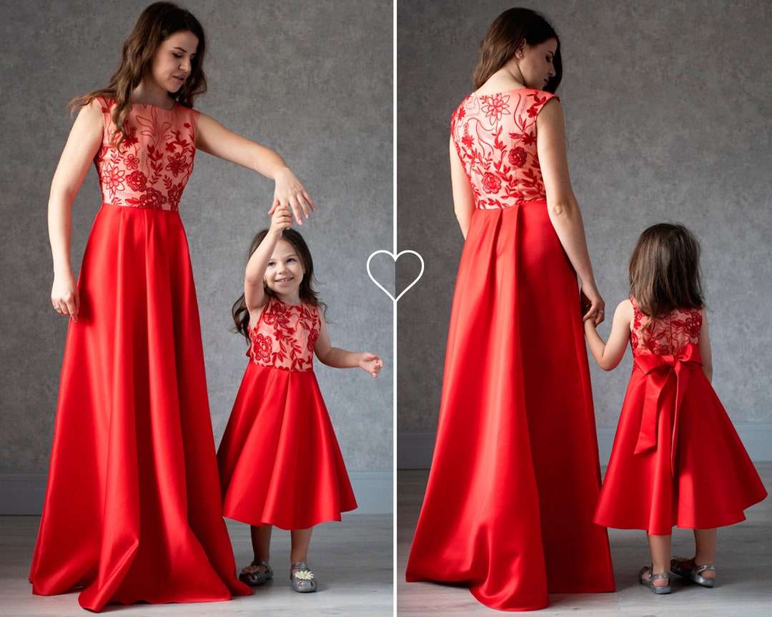 Red Satin Mother Daughter Evening Dresses: Family Look Matching Outfit