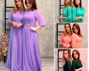 Bridesmaid chiffon dresses, long sleeve dress maxi dress in different colors, wedding or evening dress, floor length long gown, prom dress