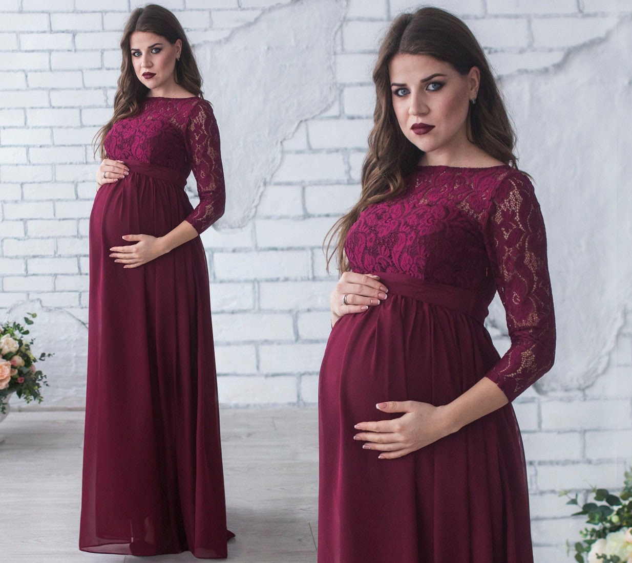 Maternity Dress for Photo Shoots / Burgundy Long Chiffon Flowy - Etsy