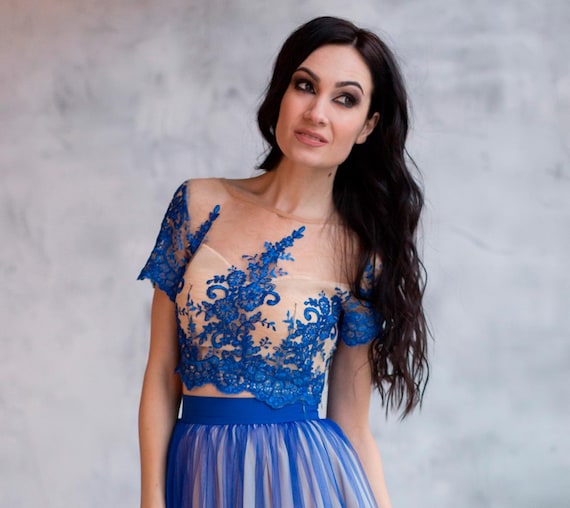 chinese dress ladies Keyhole Lace Dress - Royal Blue Style