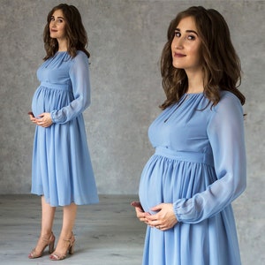 Sukienka koktajlowa ciążowa z długimi rękawami / Sukienka midi dla przyszłej mamy / Delikatna sukienka ciążowa / Sukienka na baby shower / Dopasowana sukienka ciążowa