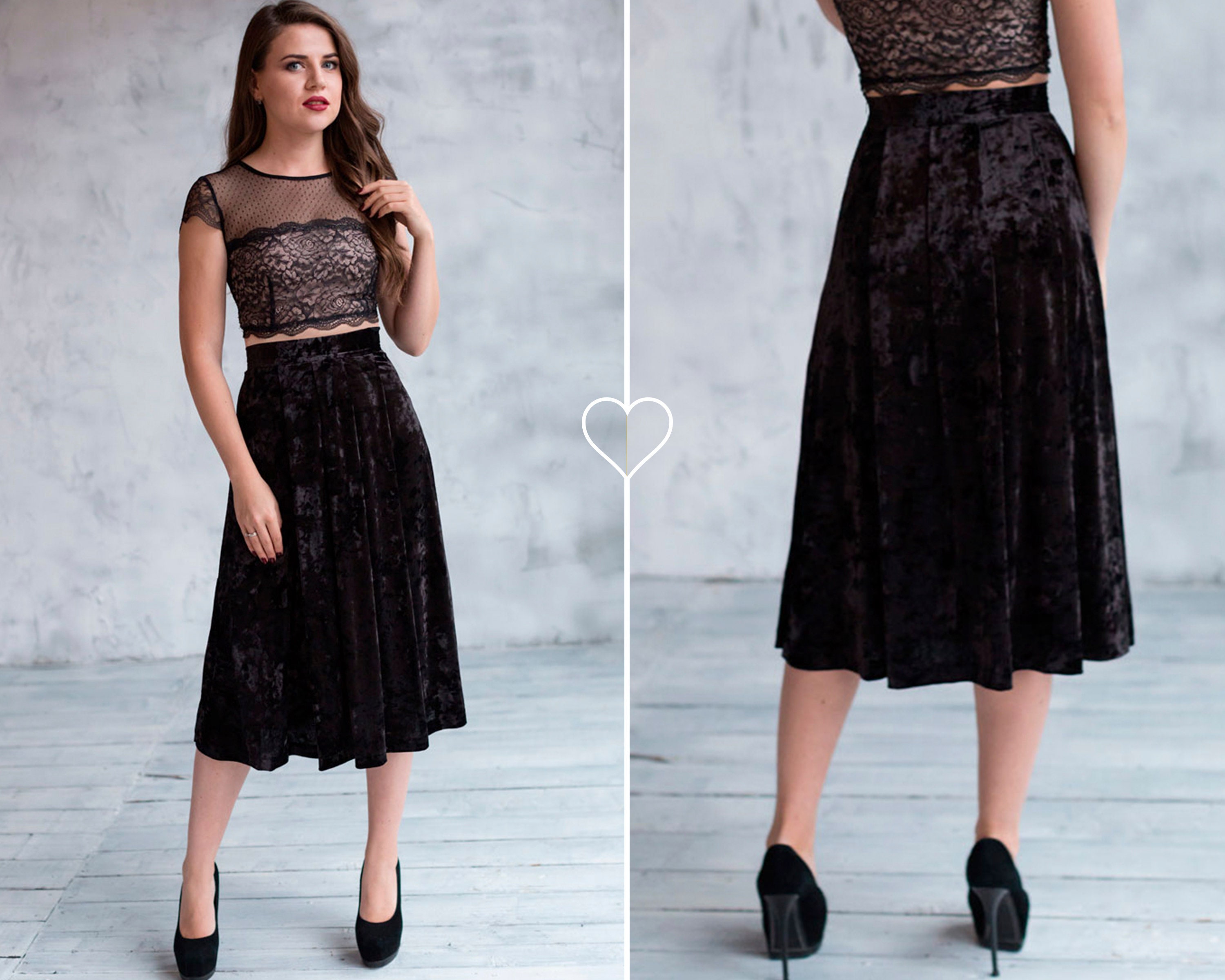 Midi black velvet skirt medium length formal velvet skirt Etsy