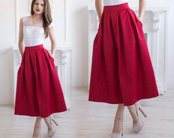 Jupe midi avec plis / Jupe trapèze élégante pour femme / Jupe rouge classique jusqu'aux genoux avec poches / Jupe de cocktail (différentes couleurs)