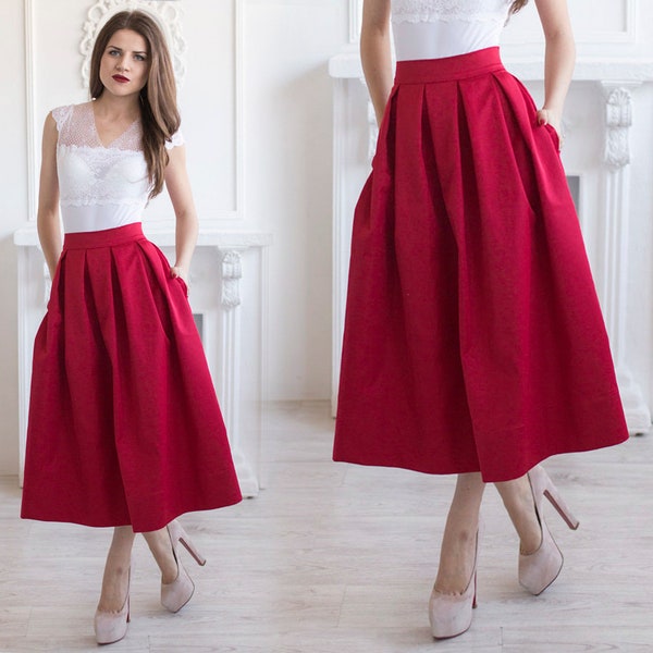 Midi skirt with pleats / Elegant A Line Womans Skirt / Classic red knee length skirt with pockets / Cocktail skirt (different colors)