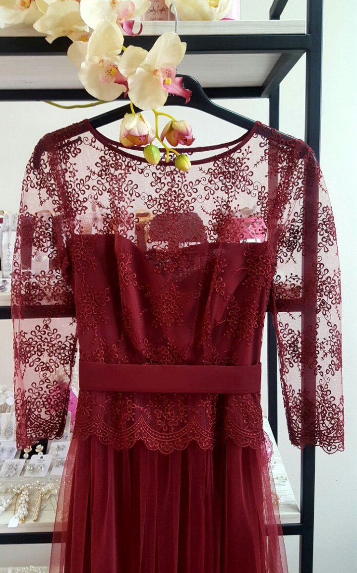 chinese dress ladies Lacey Modest Mini in Burgundy Small