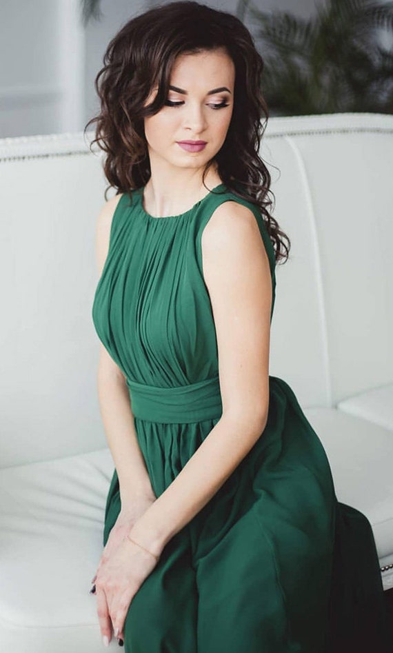Elegance Long Chiffon Flowy Dress Emerald Evening Gown Woman Formal Sleeveless Dress Greek Chiffon Dress Grecian Style Party Dress Etsy UK