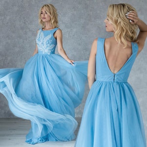 Light blue tulle prom dress | Corset tulle prom dress | Backless prom dress with beads embroidery | Ball gown prom dress | Blue corset dress