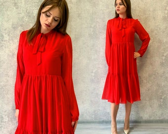 Neck bow midi chiffon dress for woman, cocktail stylish dress, flowy red dress, stylish dress with long sleeves, minimalist gown