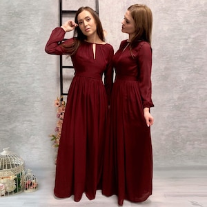 Chiffon Burgundy Bridesmaid Dress / Long Flowy Dress with Long Sleeves / Floor Length Prom Dress / Burgundy Maxi Dress / Plus Size Dress