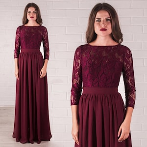 Burgundy bridesmaid dress, wine evening dress, lace dress with sleeves, burgundy lace top dress, wedding party dress, long formal dress
