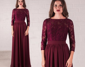 Burgundy Lace Top Chiffon Dress: Long Sleeve Wine Formal Gown