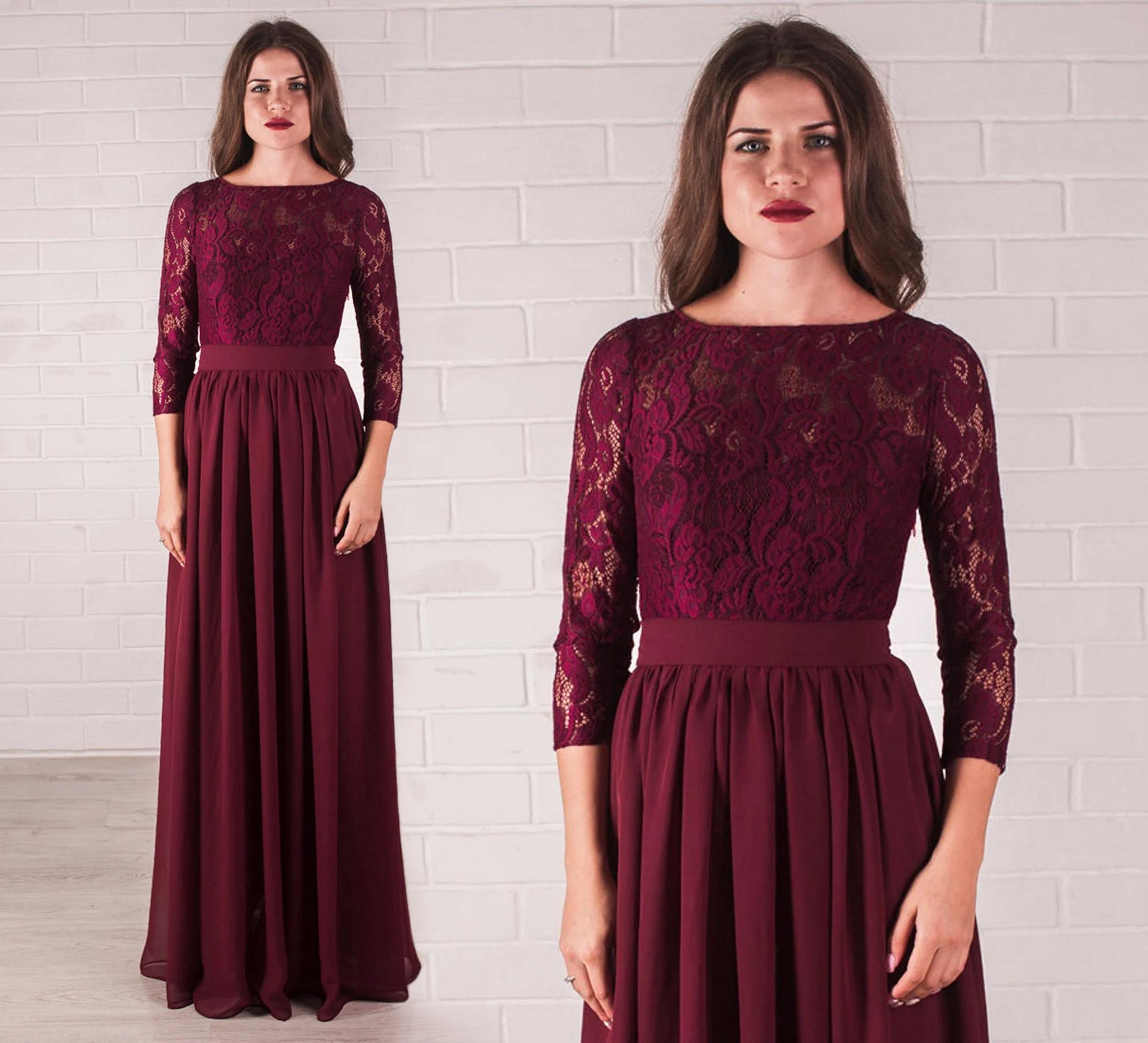 Burgundy Lace Top Chiffon Dress: Long Sleeve Wine Formal Gown