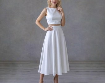 Elegant White Two-Piece Suit: Bridal Outfit of Midi Skirt and Sleeveless Crop Top