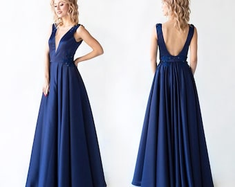 Navy Blue Satin Evening Dress: Open Back, Deep V-Neck Formal Gown