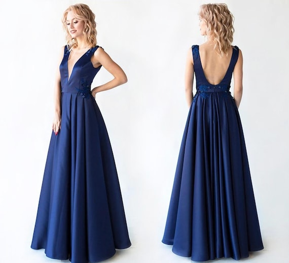 navy dinner dress EASEDAILY Women's V Neck Maxi Dresses Blue Backless Formal Evening Wedding Guest Split Ruffle Bridesmaid Gown (US, Numeric, 10, Regular, Regular, Navy Blue) : Clothing, Shoes & Jewelry up back * Detailing Maxi Dress Navy Long Dress