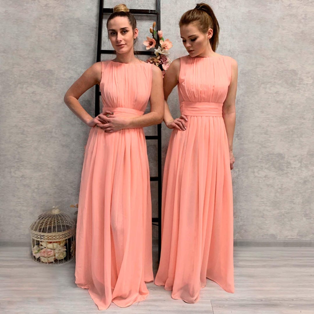 Peach Chiffon Grecian Bridesmaid Dress: Flowy Greek Style Wedding Party Gown
