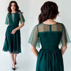 Emerald Polka Dot Tulle Dress: Chiffon Midi Cocktail Dress