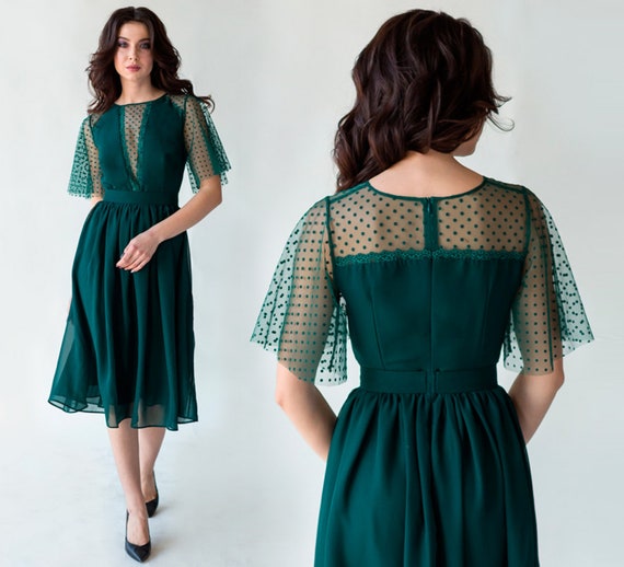 Emerald Polka Dot Sleeve Tulle Dress, Chiffon Midi Party