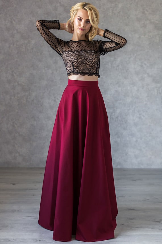 Elegant Burgundy Polished Cotton Skirt Maxi High Waist Skirt