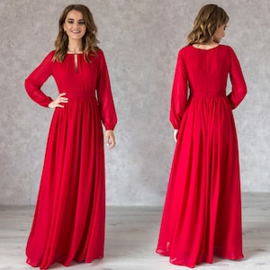 Women Formal Chiffon Closed Red Dress / Red Flowy Dress With Sleeves / A-line Formal Party Dress / Wedding party long gown / Red bridesmaid