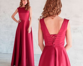 Satin prom dress, burgundy bridesmaid maxi dress, sleeveless a-line satin dress, evening formal dress, romantic gowns, photo shoot dress