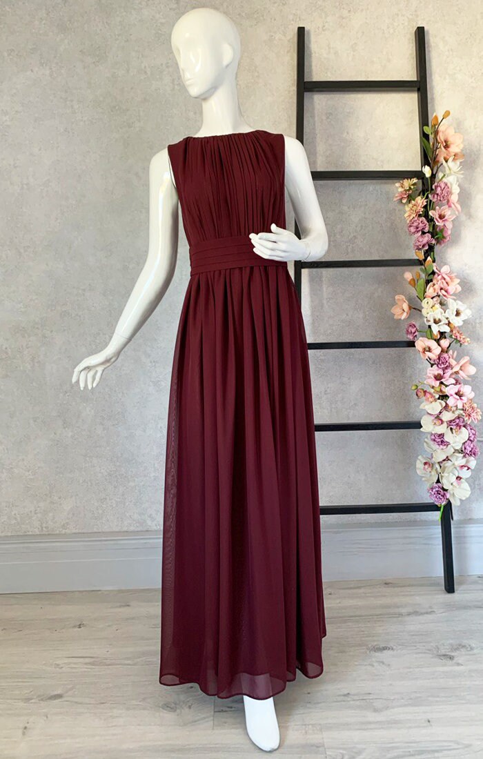 Elegance Burgundy Chiffon Maxi Dress S, L: Greek Goddess Style Gown