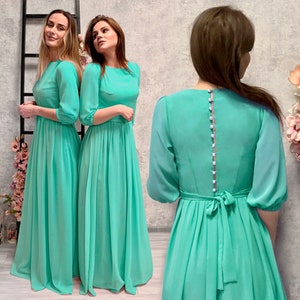 Chiffon Mint Dress with Sleeves / Mint Wedding Bridesmaid Dress / Floor Length Dress with Pearl Buttons / Mint Green Cocktail Dress