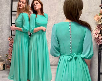 Chiffon Mint Dress with Sleeves / Mint Wedding Bridesmaid Dress / Floor Length Dress with Pearl Buttons / Mint Green Cocktail Dress