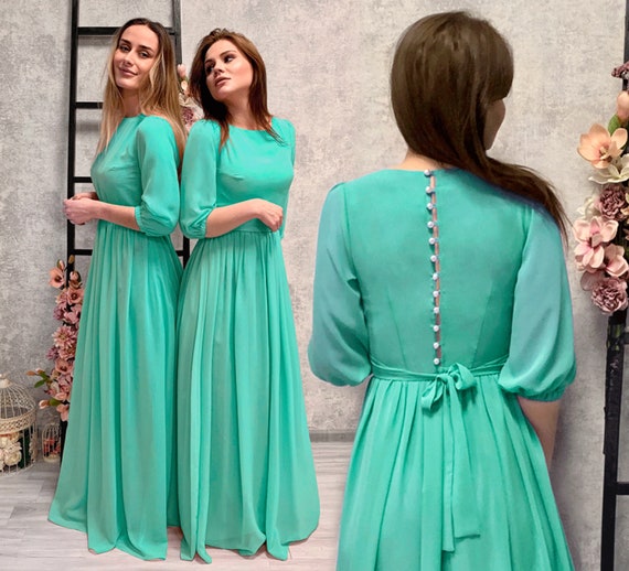 Mint Chiffon Bridesmaid Dress: Floor Length Gown with Pearl Buttons