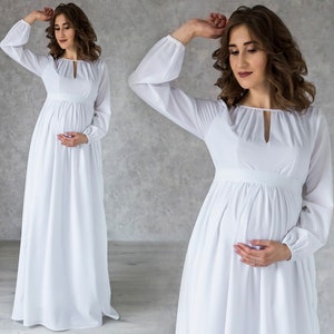 Maternity White | Ivory Flowy Dress With Long Sleeves / Long dress for Future Mom / Pregnancy Gown / Baby shower dress / Maternity fitted
