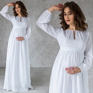 Maternity White Ivory Flowy Dress With Long Sleeves / Long Dress for ...