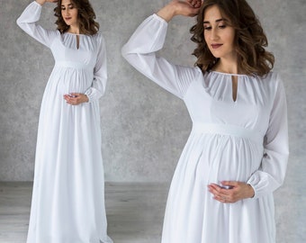 Maternity White | Ivory Flowy Dress With Long Sleeves / Long dress for Future Mom / Pregnancy Gown / Baby shower dress / Maternity fitted