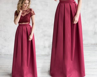 Élégante jupe trapèze pour femmes / Jupe longue avec plis / Jupe longueur au sol bordeaux avec poches / Jupe formelle (différentes couleurs)