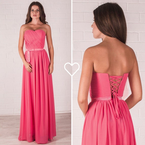 RenieBoutique Sale 50% Pleated Coral Bridesmaid Dress, Pink Corset Dress, Coral Chiffon Prom Long Dress, Maxi Dress with Corset, Only M Size