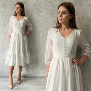 Ivory Chiffon Midi Dress: Elegant Pearl Button Gown