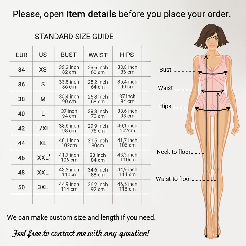 May include: A size chart for a garment with measurements in inches and centimetres. The chart includes sizes from XS to 3XL, with corresponding bust, waist, and hip measurements. The chart also includes measurements for neck to floor and waist to floor.