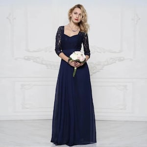 Navy Blue Bridesmaid Chiffon Dress with Lace / Floor Length Navy Dress / Maxi Evening Gown / Bridesmaids Dresses / Stylish Blue Navy Dress