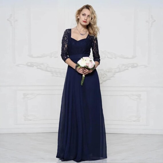dark blue lace dress with sleeves Long Sleeve Navy Blue Formal Dress with Sequin Lace Navy / 12
