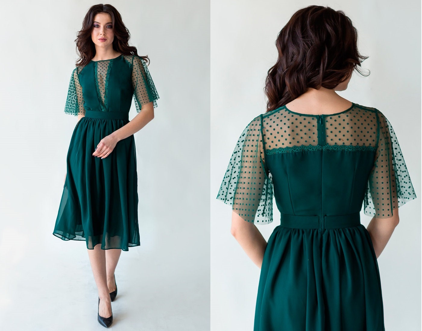 Emerald Polka Dot Sleeve Tulle Dress Chiffon Midi Party Etsy