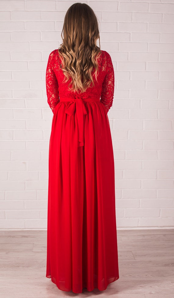 Red lace top store maxi dress
