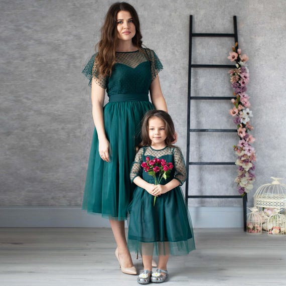green matching dress Dark Green Half Sleeve Mommy-Daughter Matching Prom Dress FGD470 main image 1