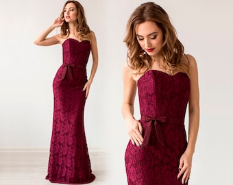 Elegant Burgundy Lace Evening Dress: Strapless Bodycon Prom Dress