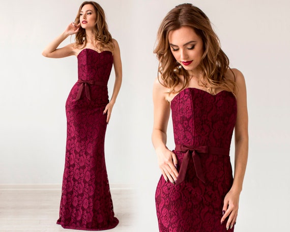 Elegant Burgundy Lace Evening Dress: Strapless Bodycon Prom Dress