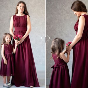 Mother and Daughter Matching Dresses, Mommy and Me Dress, Burgundy Chiffon Floor Length Family Matching Dress, Matching Outfit