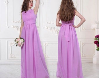 Lavender Women Formal Evening Dresses / Bride wedding party gown / Elegance grecian floor length chiffon dress / Long flowy greek prom gown