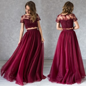 Burgundy Tulle Full Skirt / Evening maxi skirt / Wine floor length skirt / Tulle formal skirt / High waist flowy skirt / Prom skirt