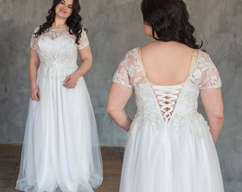 Plus size wedding dress with sleeves, romantic lace wedding dress, princess wedding dress plus size with corset lace-up and flower decor